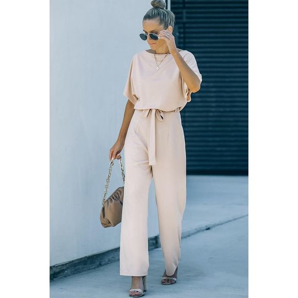 Azura Exchange  Apricot Oh So Glam Belted Wide Leg Jumpsuit - Picture 4 of 15